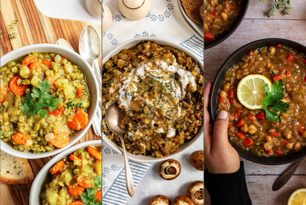 Split pea soup, mushroom wild rice soup, and vegan orzo soup (Elizabeth Varga)